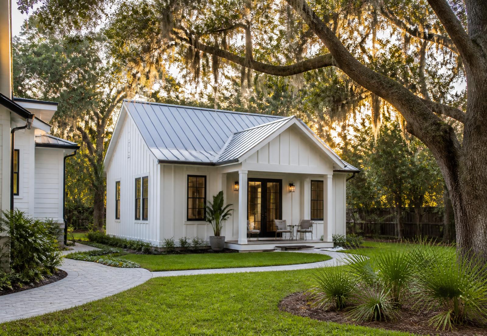 Detached white board-and-batten backyard guest suite behind a Tampa Bay home at golden hour